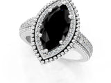 White gold Fancy Black Marquise Cut Halo Diamond Ring with Beaded Split Shank and Four-Prong Setting_1