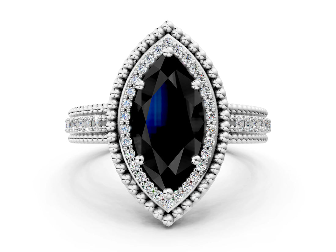 White gold Fancy Black Marquise Cut Halo Diamond Ring with Beaded Split Shank and Four-Prong Setting
