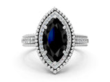 White gold Fancy Black Marquise Cut Halo Diamond Ring with Beaded Split Shank and Four-Prong Setting