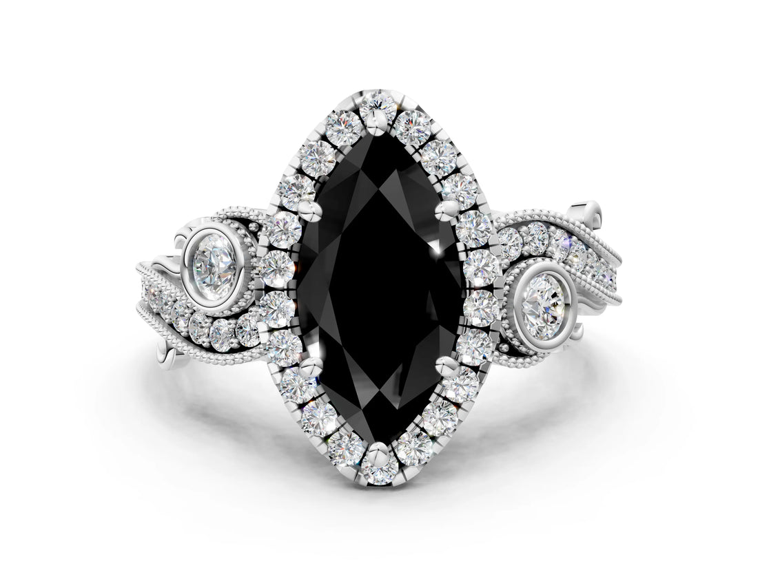 White gold Fancy Black Marquise Cut Halo Diamond Ring with Milgrain and Bezel Accents on a Split Shank Band_12