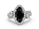 White gold Fancy Black Marquise Cut Halo Diamond Ring with Milgrain and Bezel Accents on a Split Shank Band_12