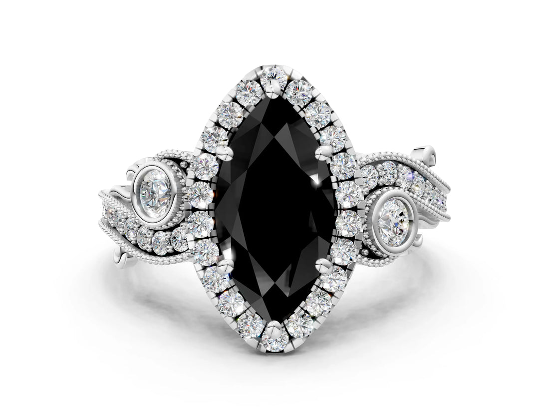 White gold Fancy Black Marquise Cut Halo Diamond Ring with Milgrain and Bezel Accents on a Split Shank Band_12