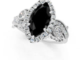 White gold Fancy Black Marquise Cut Halo Diamond Ring with Milgrain and Bezel Accents on a Split Shank Band_13