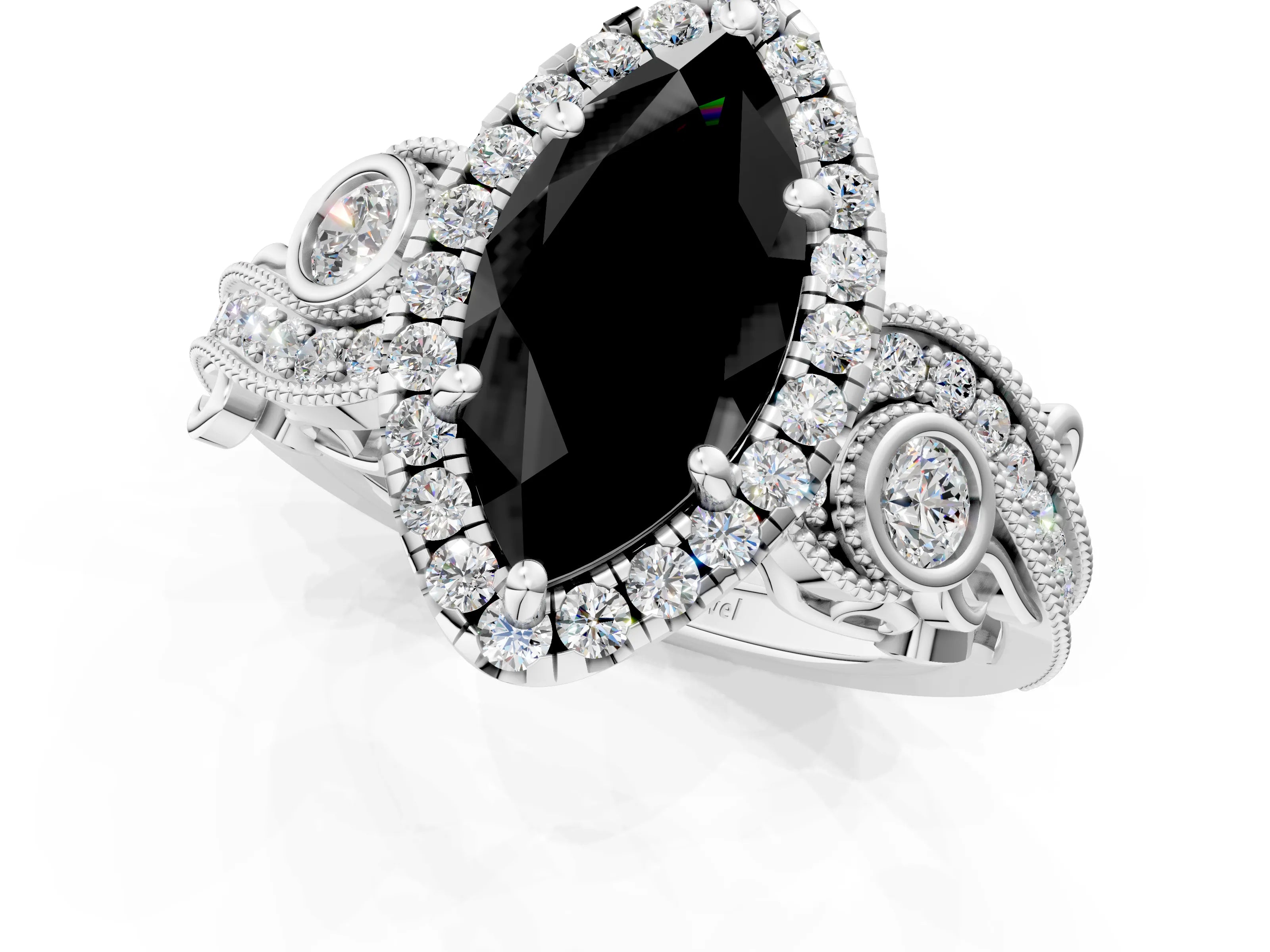 White gold Fancy Black Marquise Cut Halo Diamond Ring with Milgrain and Bezel Accents on a Split Shank Band_1