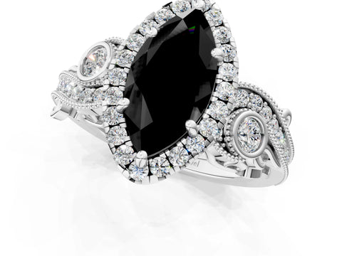 White gold Fancy Black Marquise Cut Halo Diamond Ring with Milgrain and Bezel Accents on a Split Shank Band_1