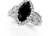 White gold Fancy Black Marquise Cut Halo Diamond Ring with Milgrain and Bezel Accents on a Split Shank Band_25