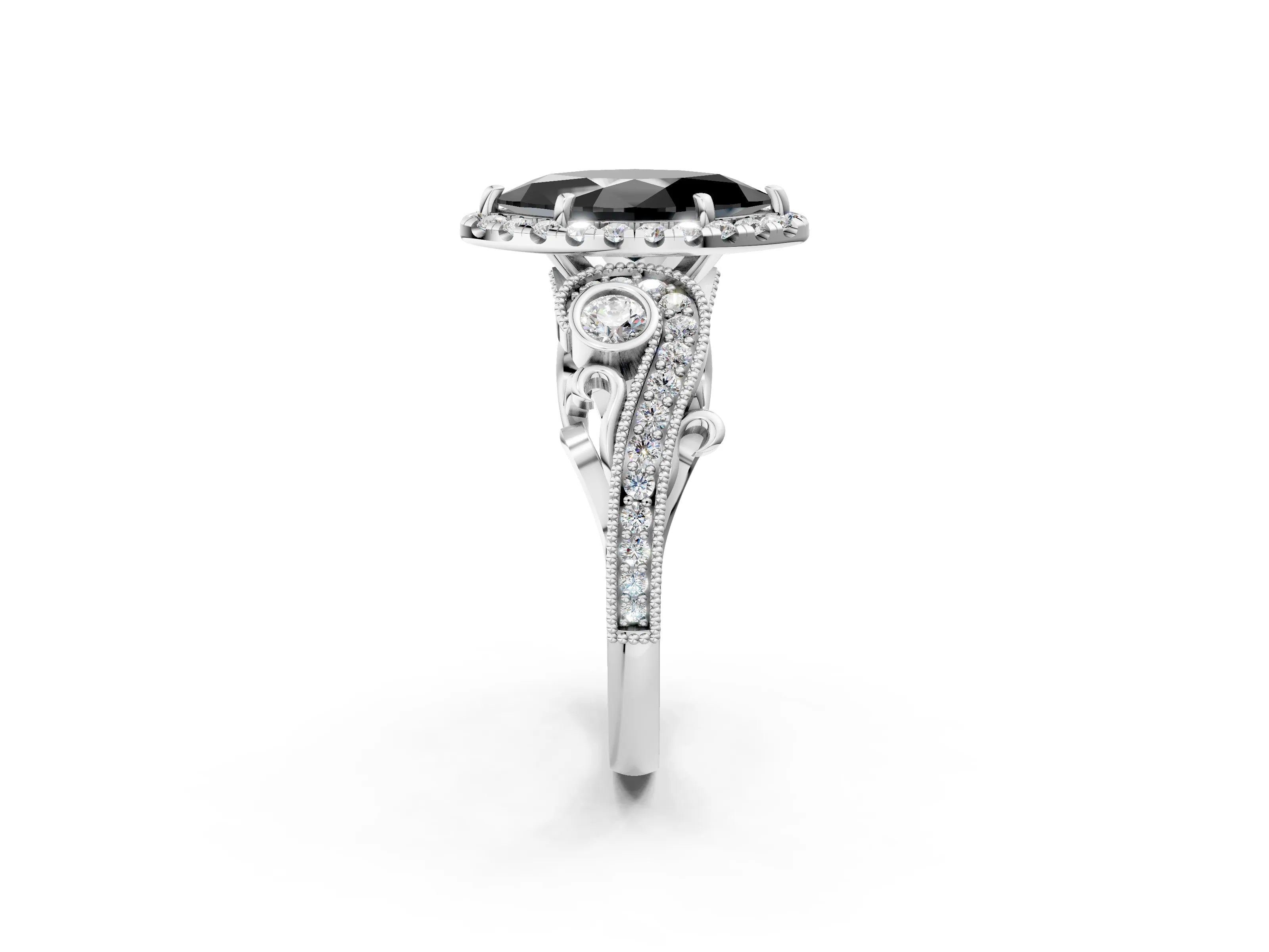 White gold Fancy Black Marquise Cut Halo Diamond Ring with Milgrain and Bezel Accents on a Split Shank Band_2