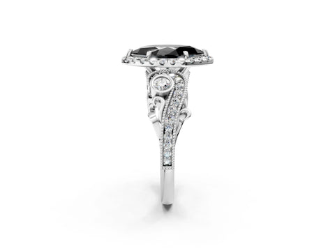 White gold Fancy Black Marquise Cut Halo Diamond Ring with Milgrain and Bezel Accents on a Split Shank Band_2