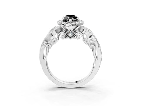 White gold Fancy Black Marquise Cut Halo Diamond Ring with Milgrain and Bezel Accents on a Split Shank Band_3