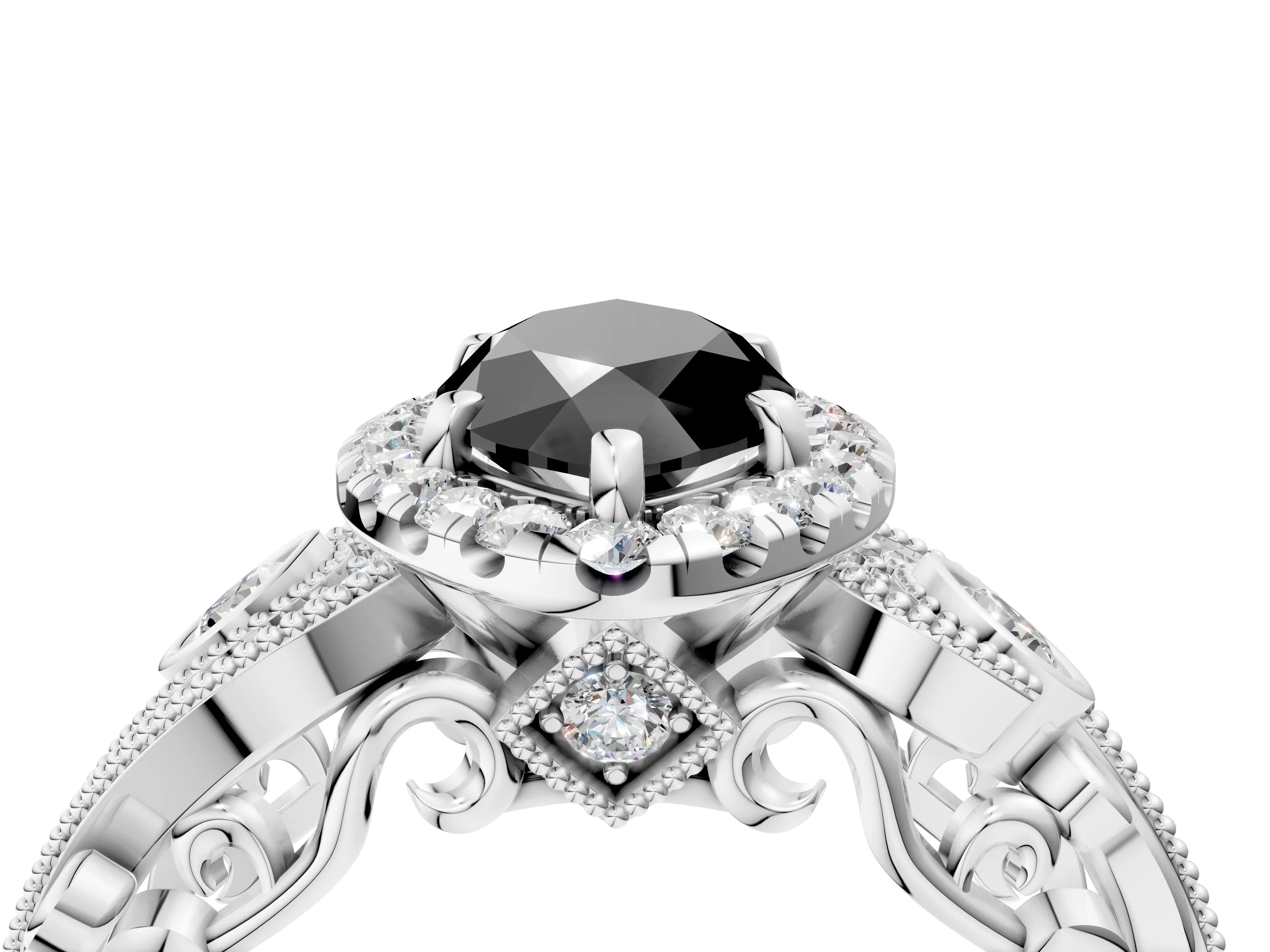 White gold Fancy Black Marquise Cut Halo Diamond Ring with Milgrain and Bezel Accents on a Split Shank Band_4