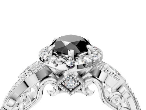 White gold Fancy Black Marquise Cut Halo Diamond Ring with Milgrain and Bezel Accents on a Split Shank Band_4