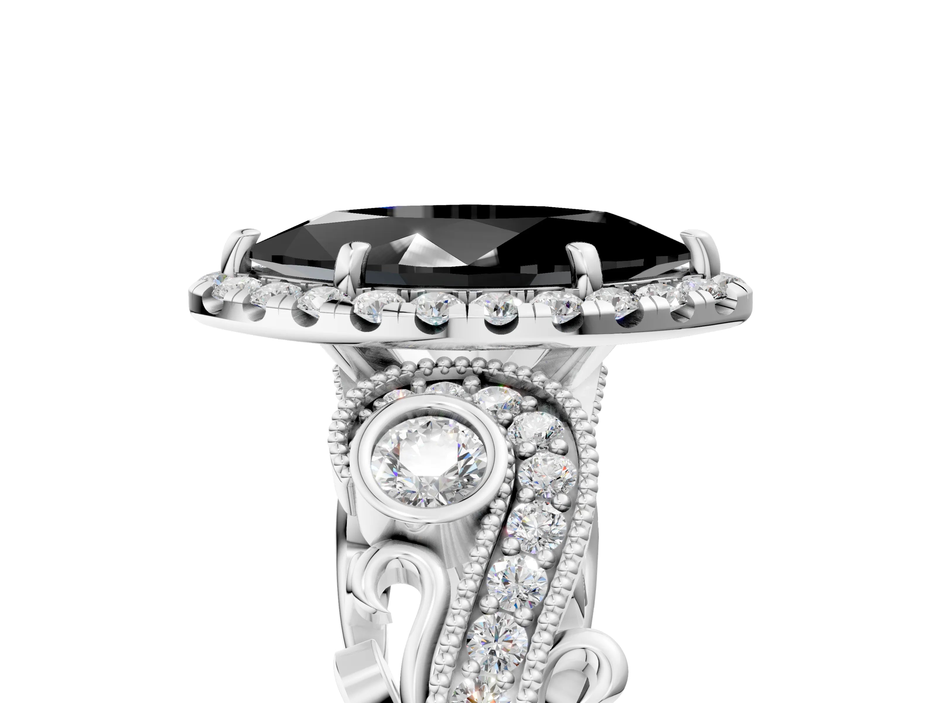 White gold Fancy Black Marquise Cut Halo Diamond Ring with Milgrain and Bezel Accents on a Split Shank Band_5