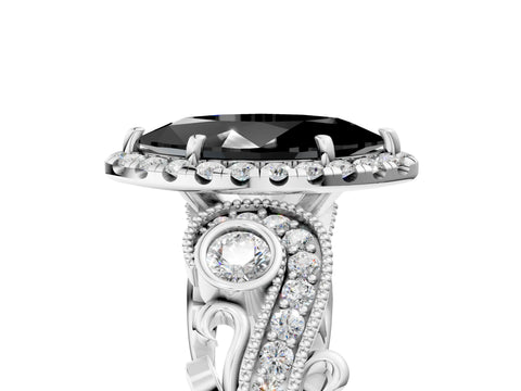 White gold Fancy Black Marquise Cut Halo Diamond Ring with Milgrain and Bezel Accents on a Split Shank Band_5