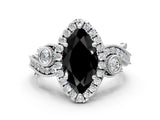 White gold Fancy Black Marquise Cut Halo Diamond Ring with Milgrain and Bezel Accents on a Split Shank Band_6