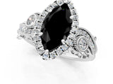 White gold Fancy Black Marquise Cut Halo Diamond Ring with Milgrain and Bezel Accents on a Split Shank Band_7