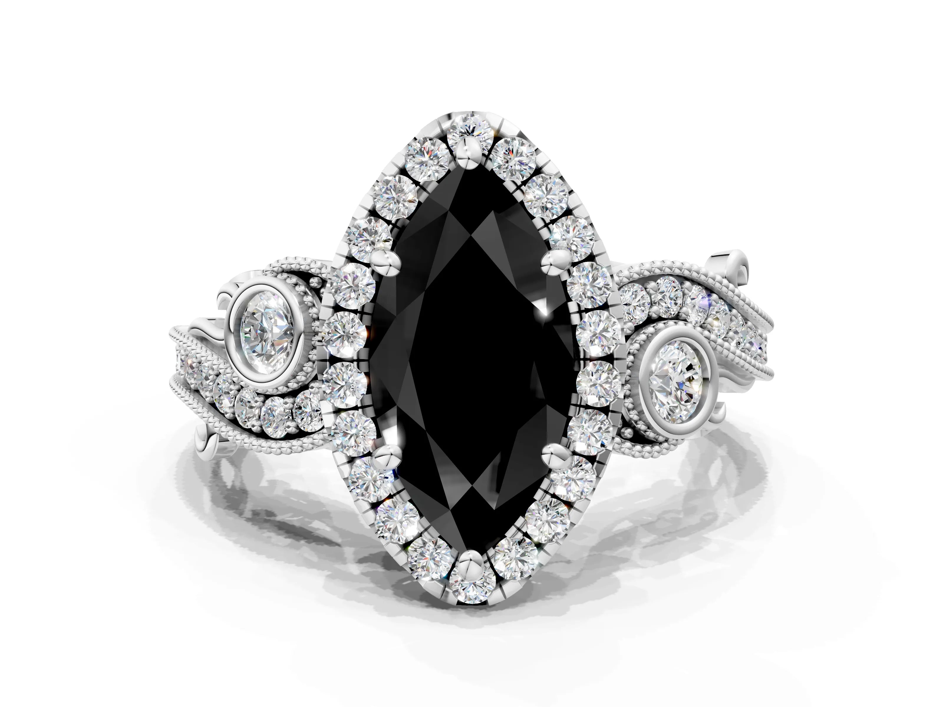 White gold Fancy Black Marquise Cut Halo Diamond Ring with Milgrain and Bezel Accents on a Split Shank Band