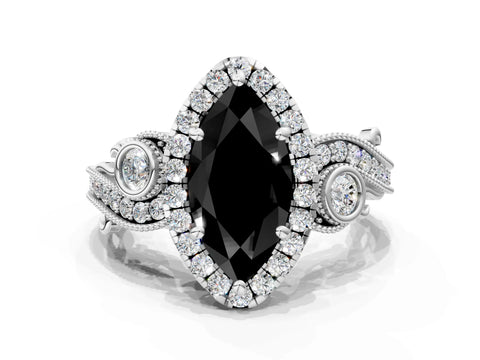 White gold Fancy Black Marquise Cut Halo Diamond Ring with Milgrain and Bezel Accents on a Split Shank Band