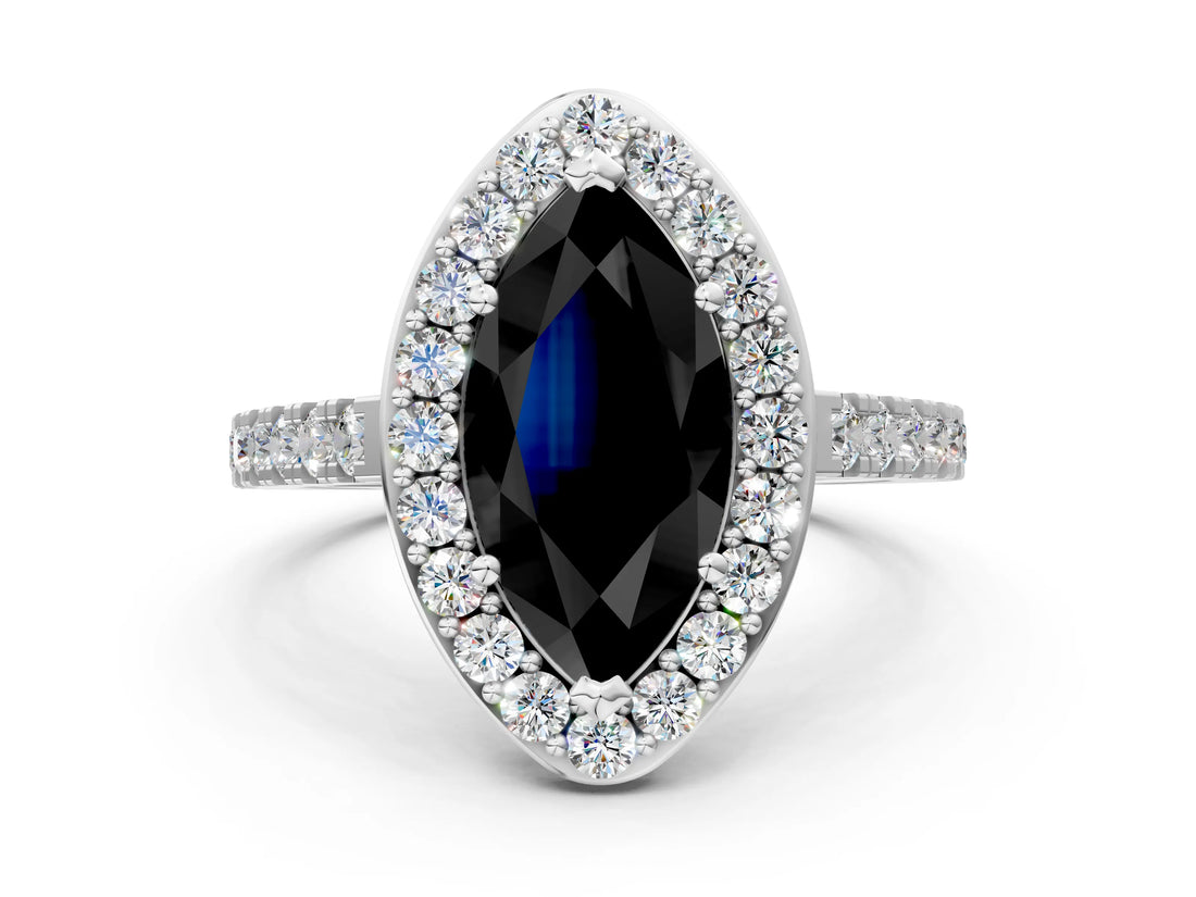 White gold Fancy Black Marquise Cut Halo Diamond Ring with Pavé Band and Three-Prong Setting_12