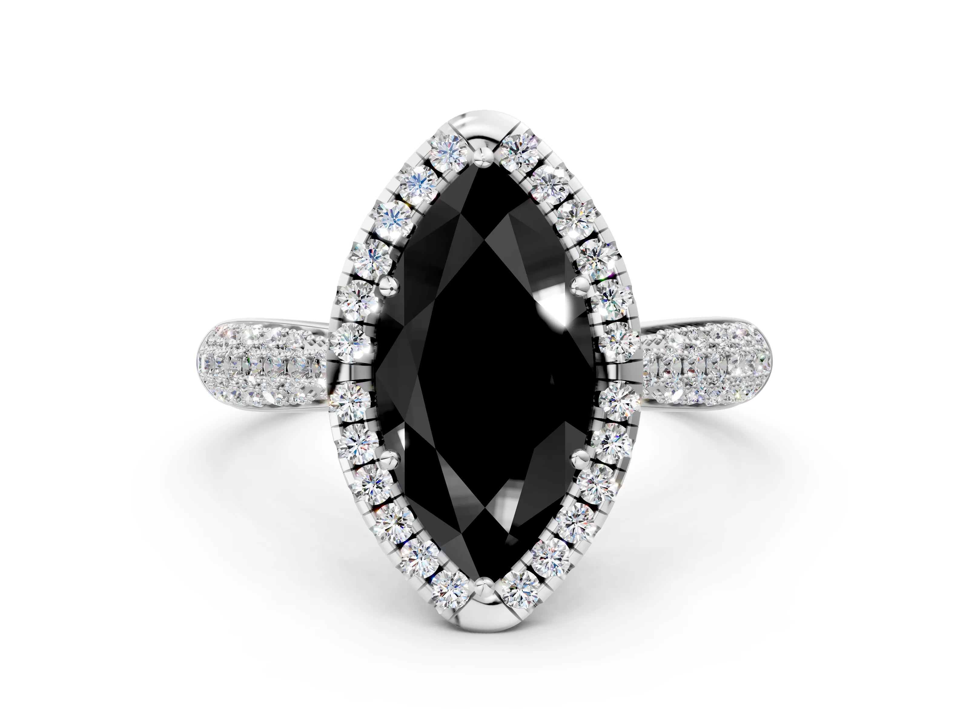 White gold Fancy Black Marquise Cut Halo Diamond Ring with Pavé Band_12