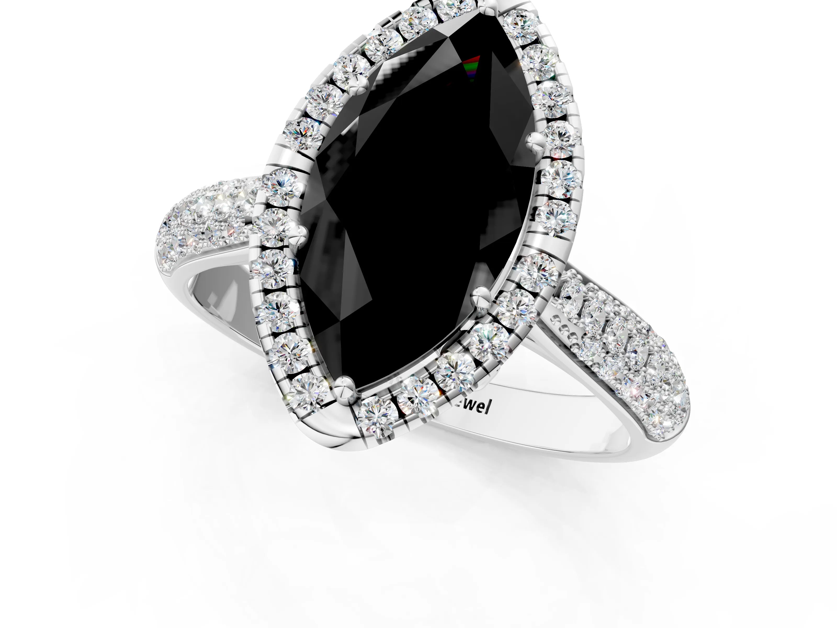 White gold Fancy Black Marquise Cut Halo Diamond Ring with Pavé Band_13