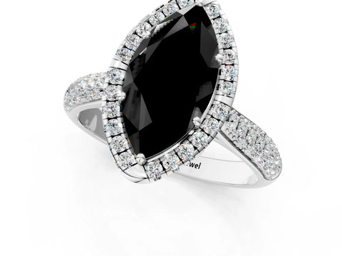 White gold Fancy Black Marquise Cut Halo Diamond Ring with Pavé Band_13