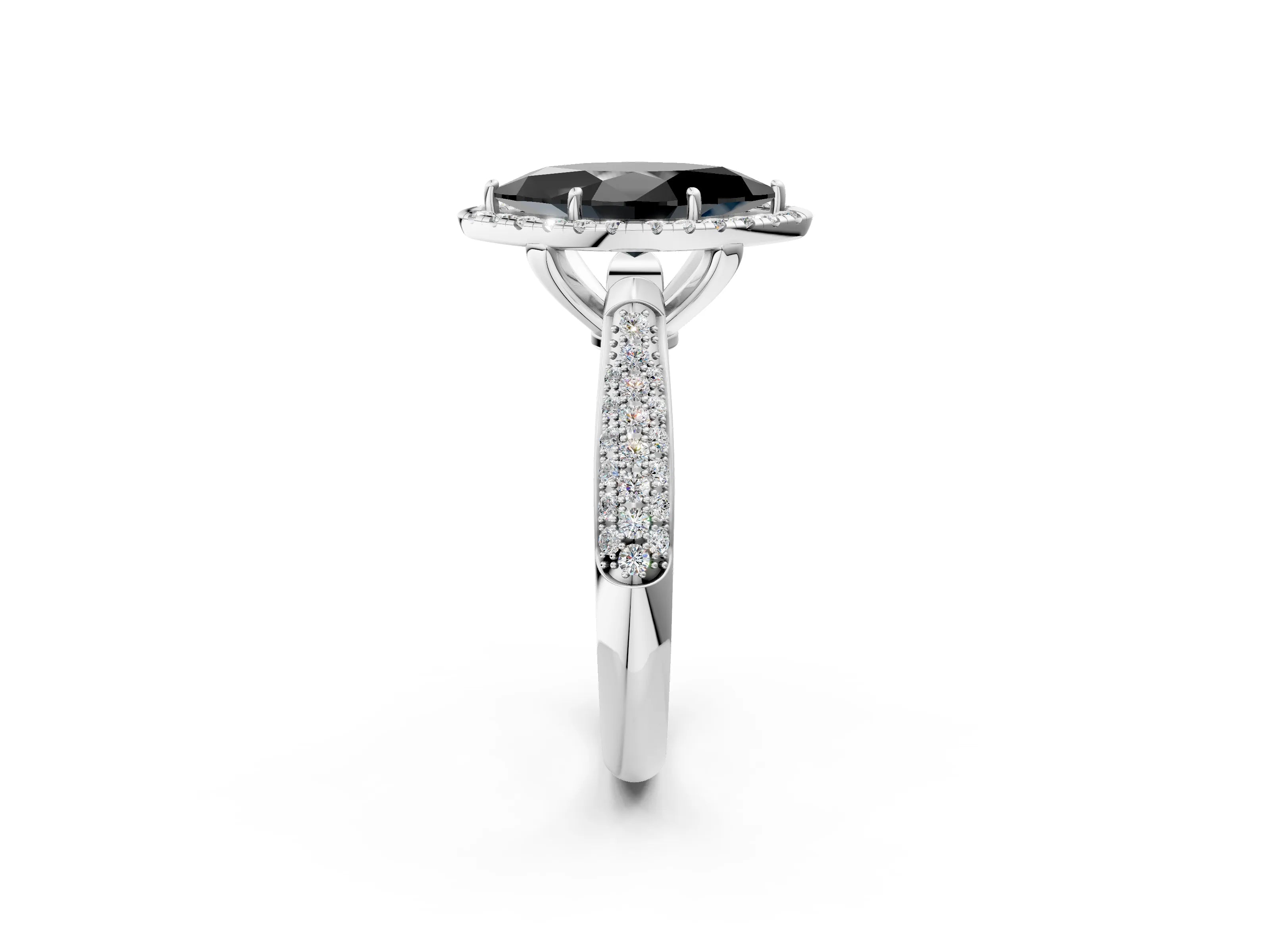 White gold Fancy Black Marquise Cut Halo Diamond Ring with Pavé Band_14