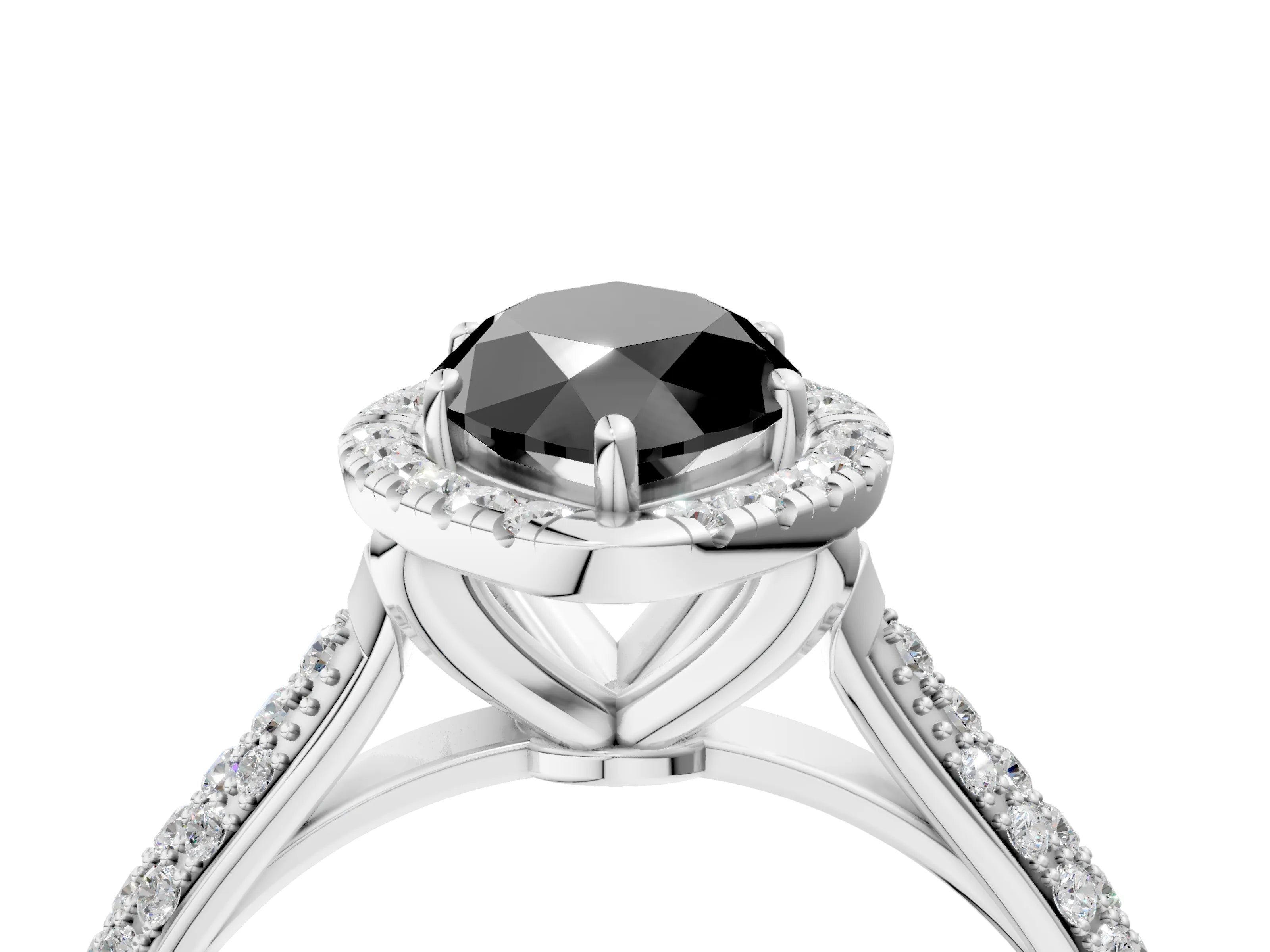 White gold Fancy Black Marquise Cut Halo Diamond Ring with Pavé Band_16