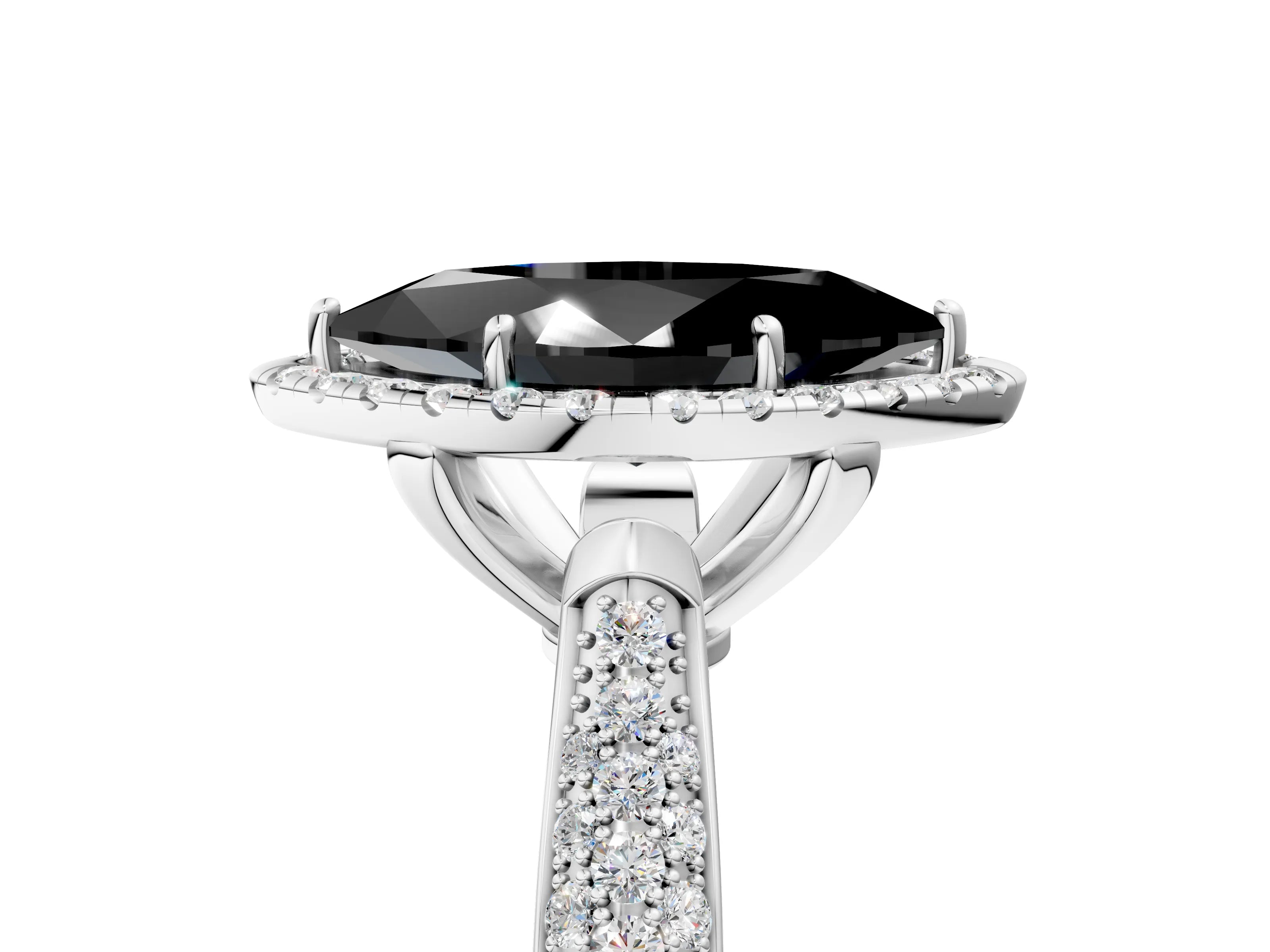 White gold Fancy Black Marquise Cut Halo Diamond Ring with Pavé Band_17