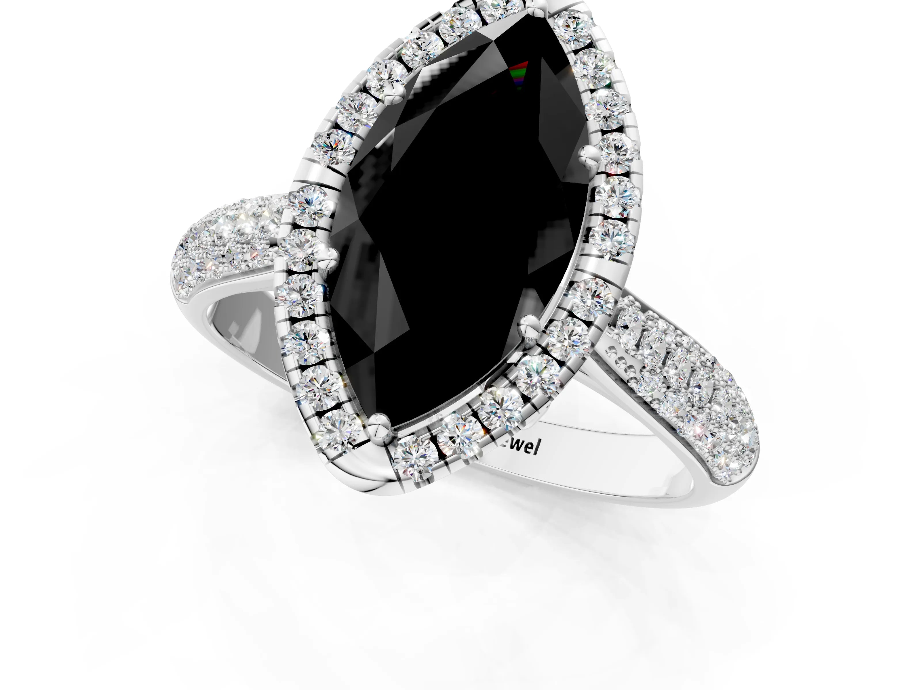White gold Fancy Black Marquise Cut Halo Diamond Ring with Pavé Band_1