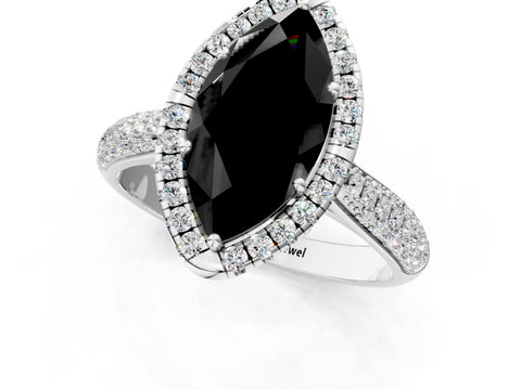 White gold Fancy Black Marquise Cut Halo Diamond Ring with Pavé Band_1
