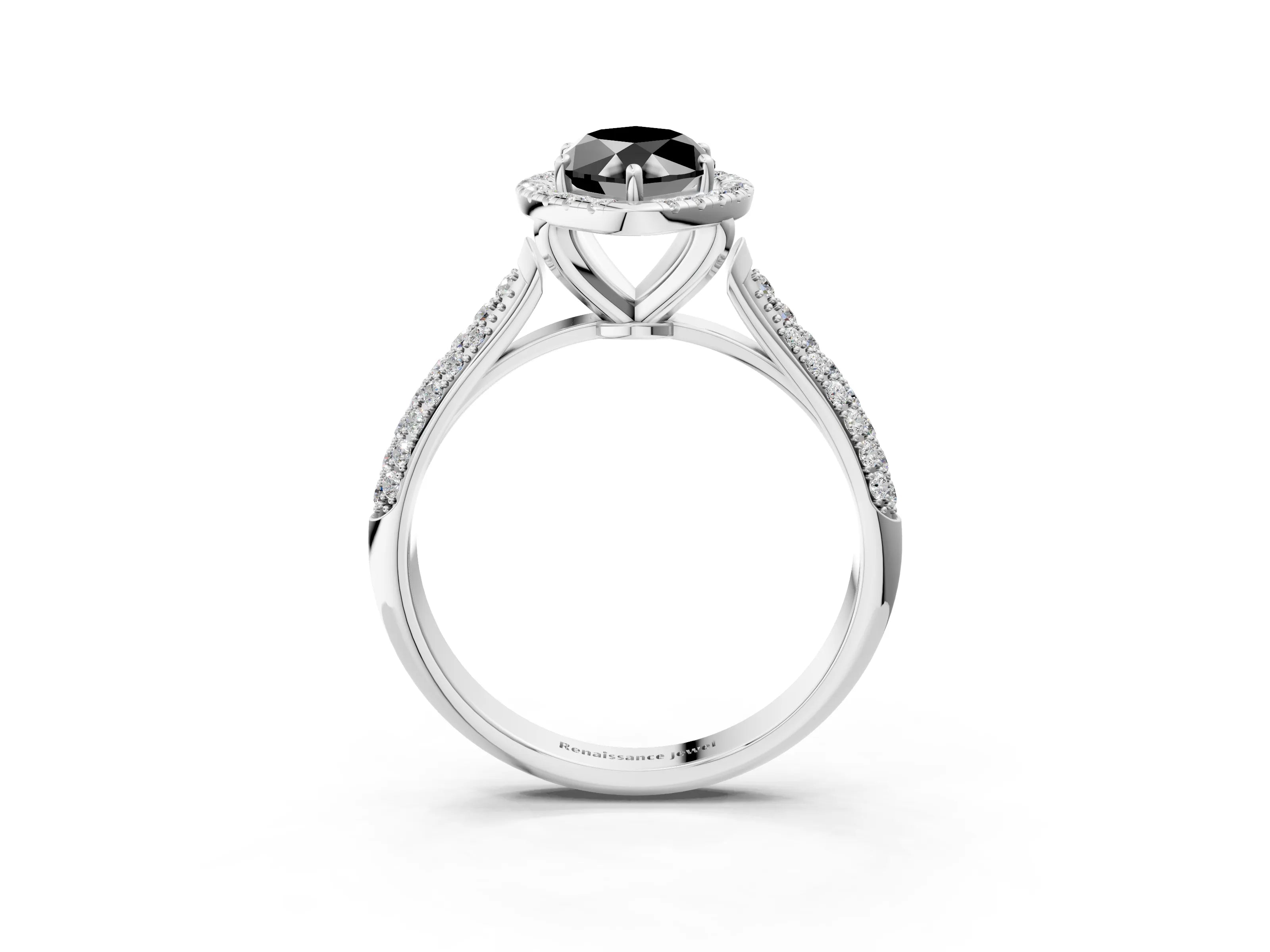 White gold Fancy Black Marquise Cut Halo Diamond Ring with Pavé Band_3