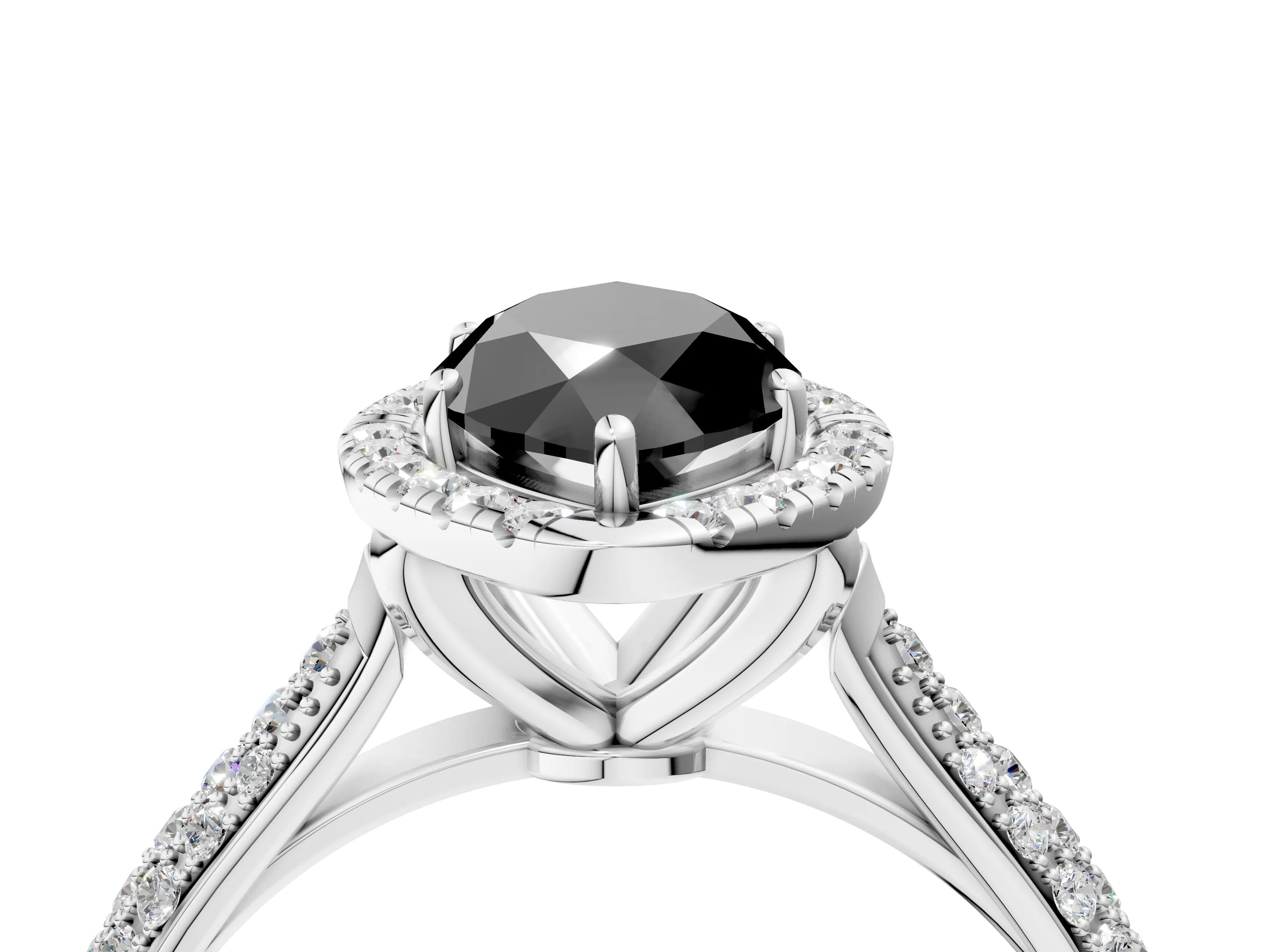 White gold Fancy Black Marquise Cut Halo Diamond Ring with Pavé Band_4