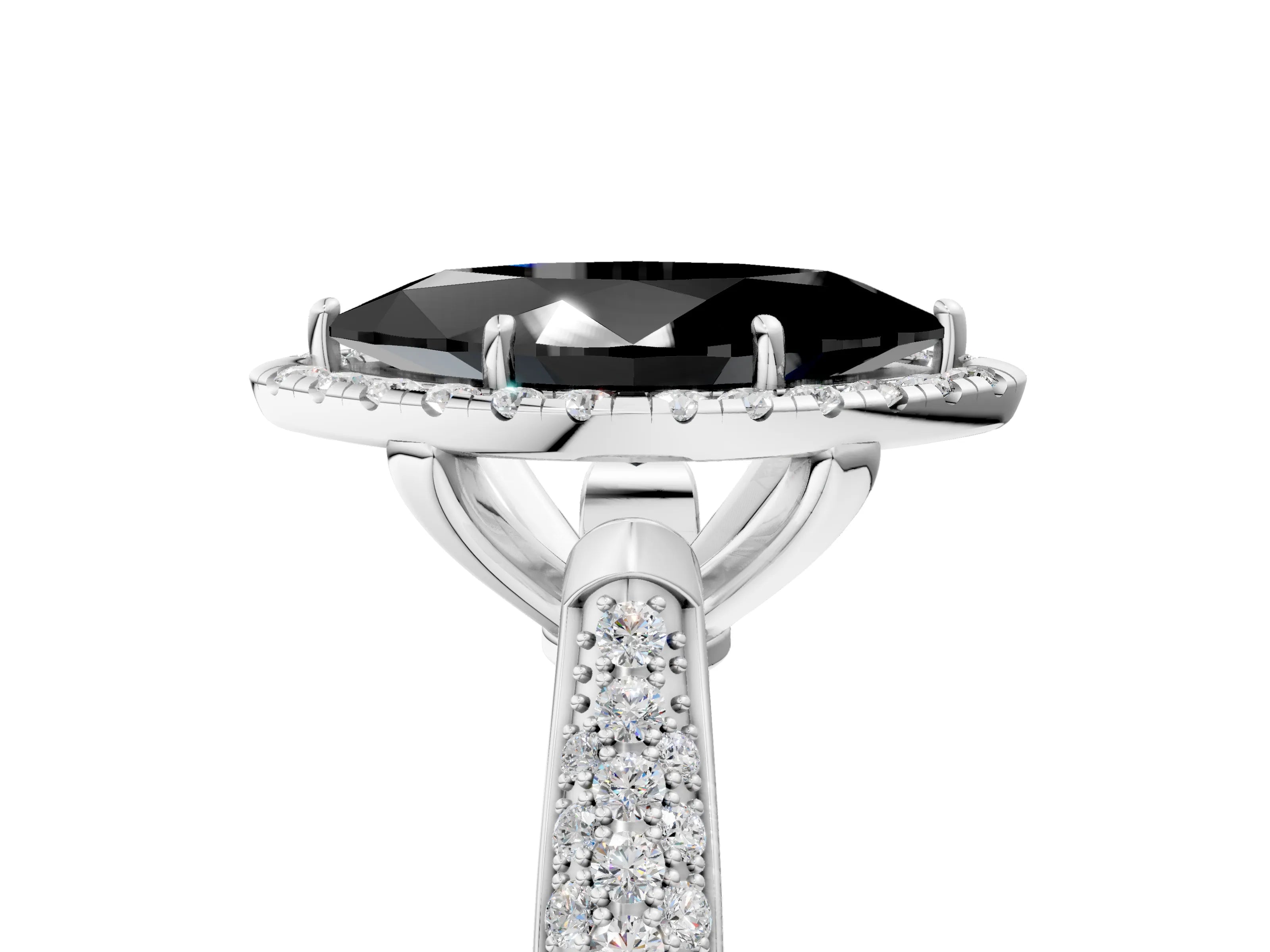 White gold Fancy Black Marquise Cut Halo Diamond Ring with Pavé Band_5