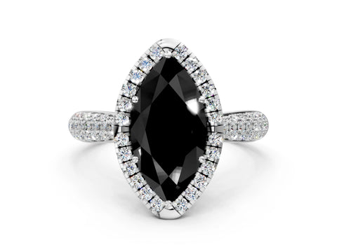 White gold Fancy Black Marquise Cut Halo Diamond Ring with Pavé Band