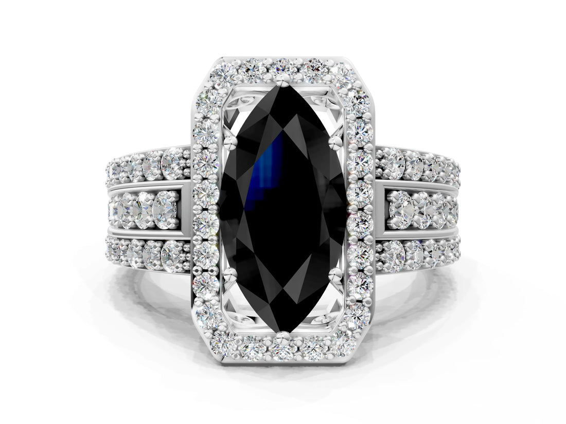 White gold Fancy Black Marquise Cut Halo Diamond Ring with Round  Split Shank and Prong Setting_48