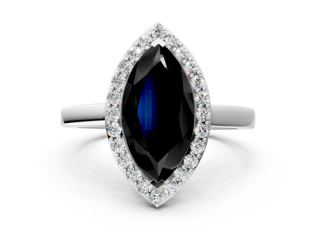 White gold Fancy Black Marquise Cut Halo Diamond Ring with Solitaire Band and Prong Setting