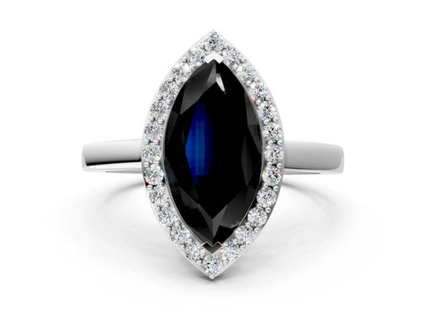 White gold Fancy Black Marquise Cut Halo Diamond Ring with Solitaire Band and Prong Setting