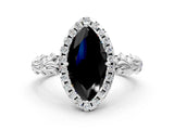 White gold Fancy Black Marquise Cut Halo Diamond Solitaire with Filigree Band and Four-Prong Setting