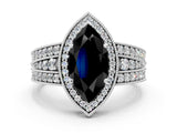 White gold Fancy Black Marquise Cut Halo Diamond Split Shank Ring with Prong Setting
