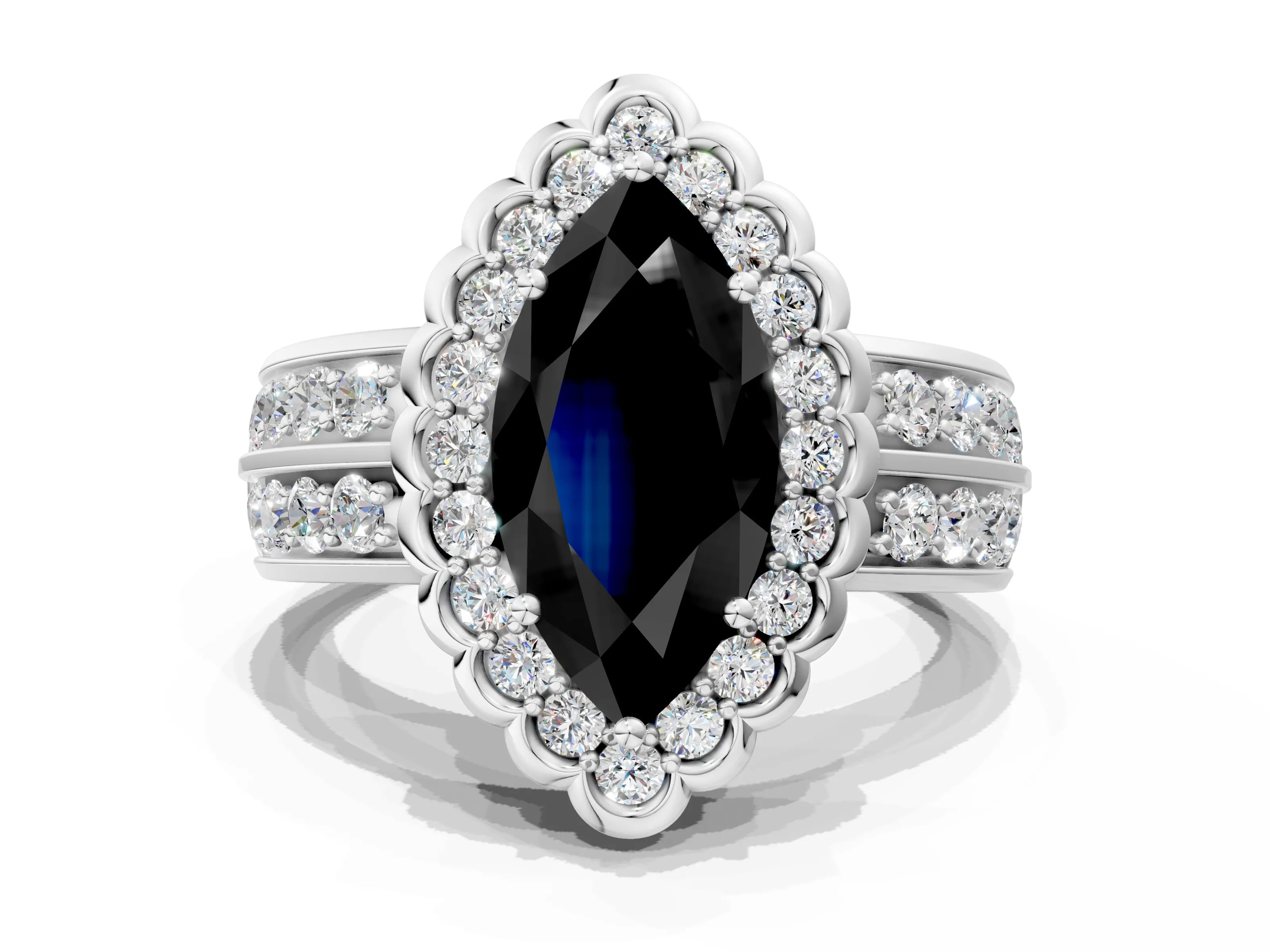 White gold Fancy Black Marquise Cut Halo Diamond Split Shank Ring with Scalloped Prong Setting_12