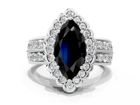 White gold Fancy Black Marquise Cut Halo Diamond Split Shank Ring with Scalloped Prong Setting_12