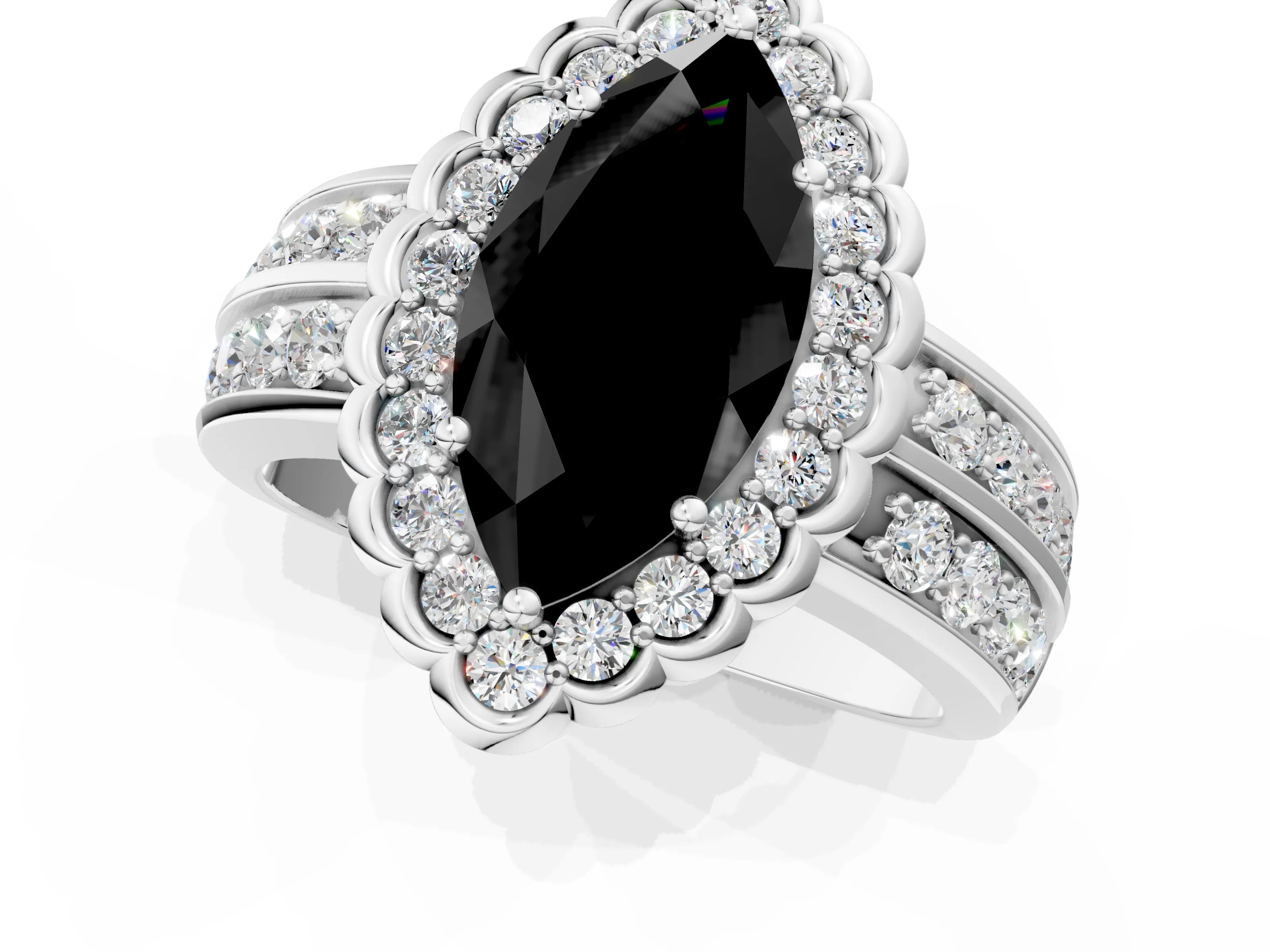 White gold Fancy Black Marquise Cut Halo Diamond Split Shank Ring with Scalloped Prong Setting_13