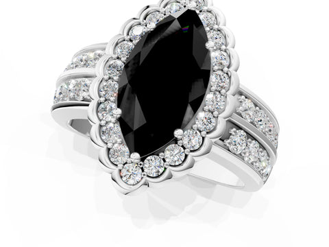 White gold Fancy Black Marquise Cut Halo Diamond Split Shank Ring with Scalloped Prong Setting_13