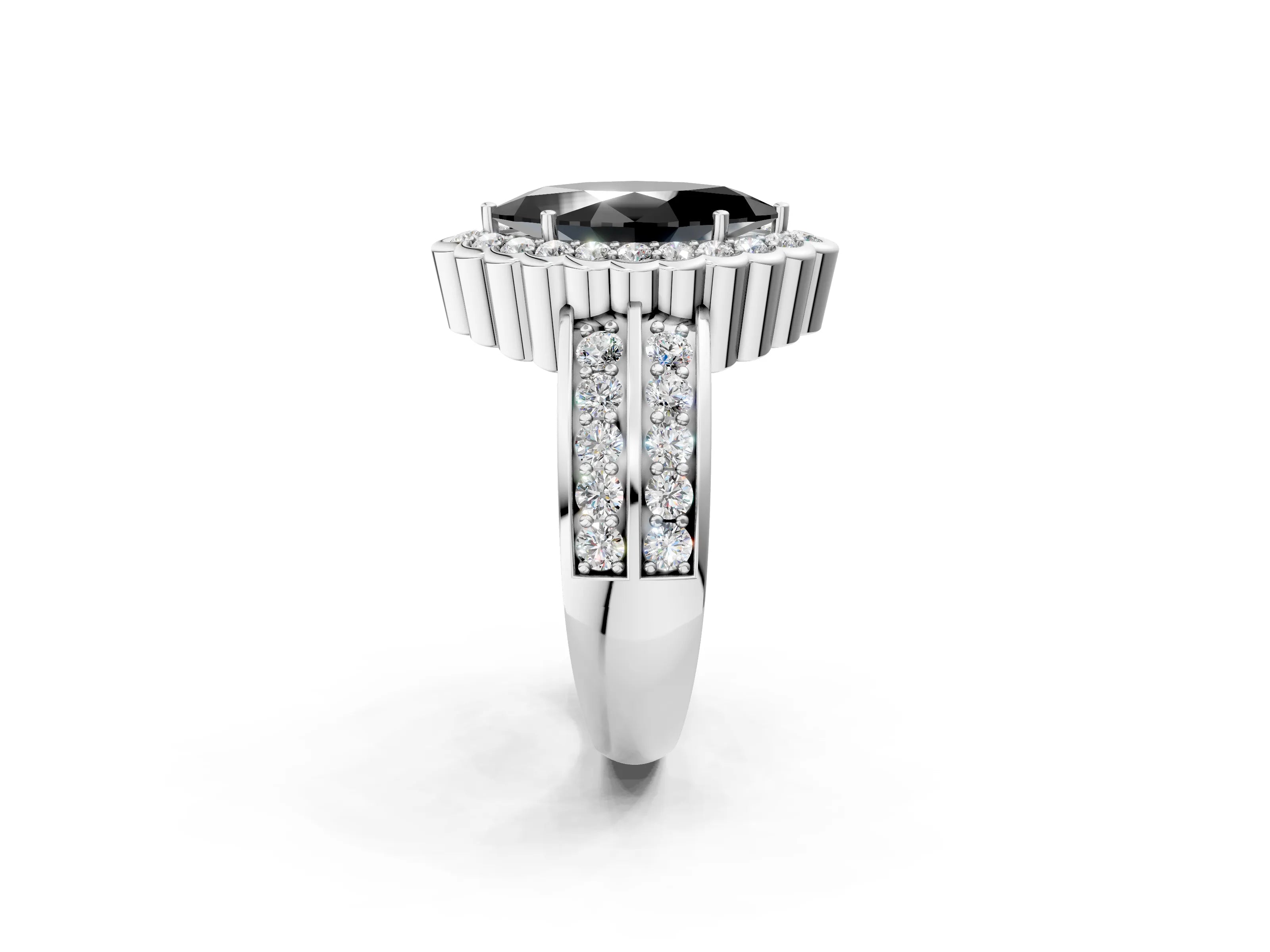 White gold Fancy Black Marquise Cut Halo Diamond Split Shank Ring with Scalloped Prong Setting_14