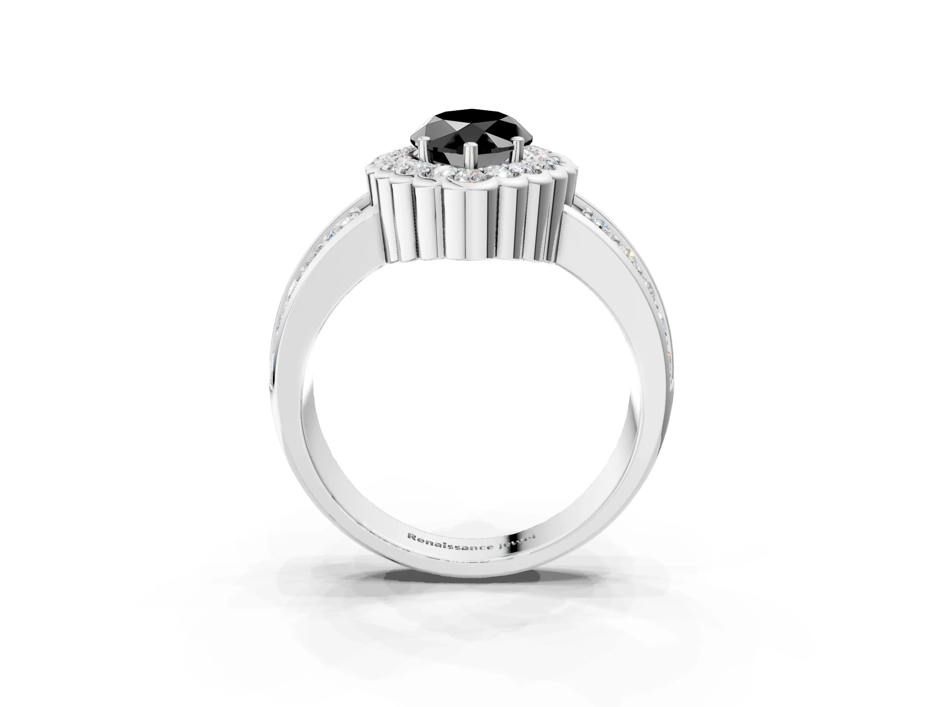White gold Fancy Black Marquise Cut Halo Diamond Split Shank Ring with Scalloped Prong Setting_15