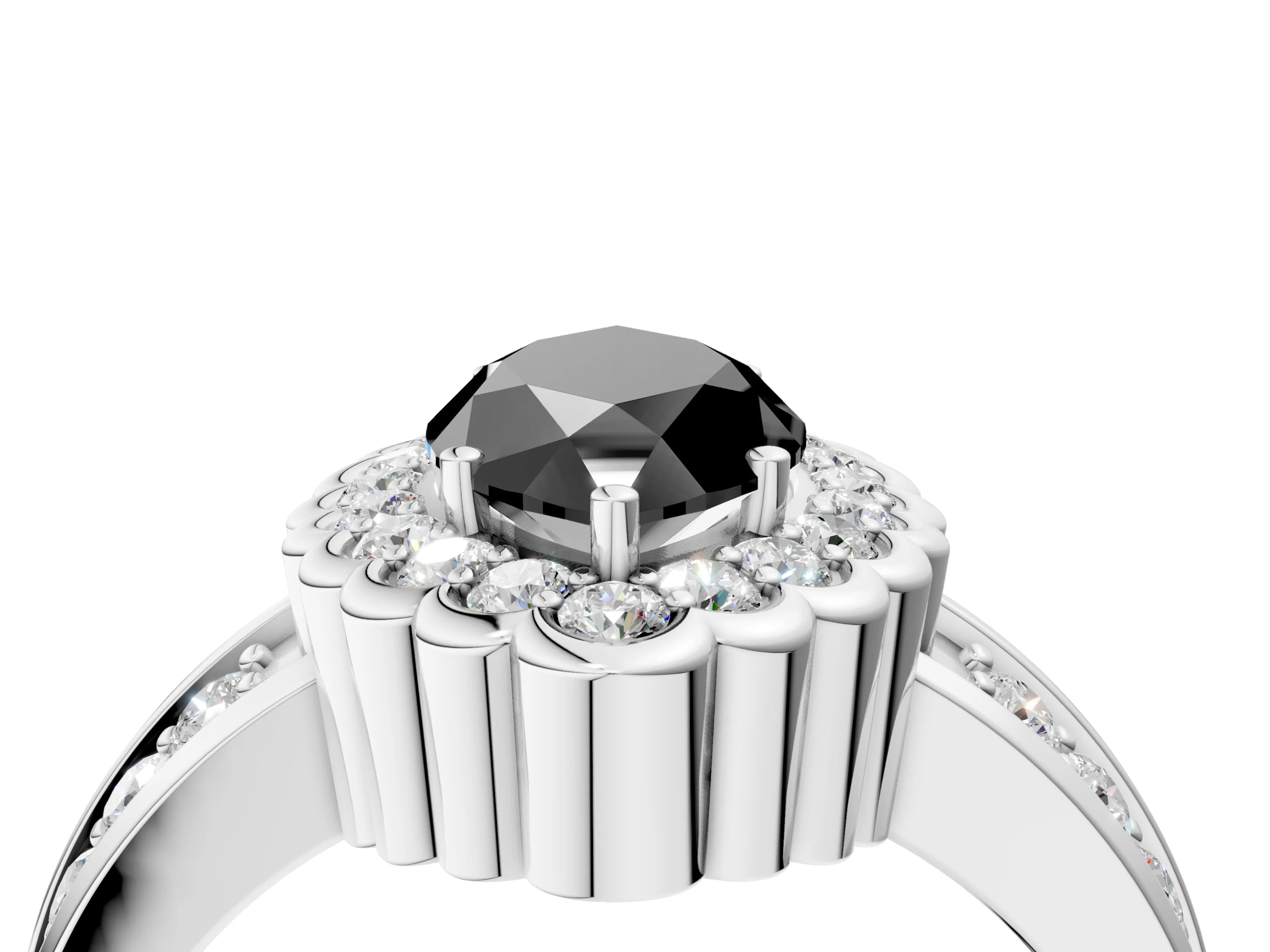 White gold Fancy Black Marquise Cut Halo Diamond Split Shank Ring with Scalloped Prong Setting_16