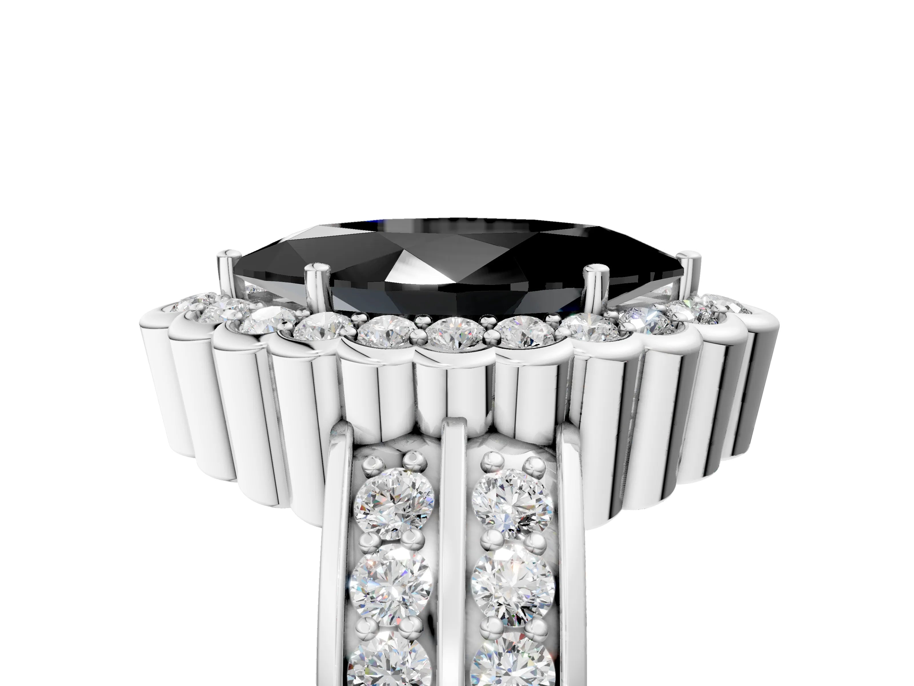 White gold Fancy Black Marquise Cut Halo Diamond Split Shank Ring with Scalloped Prong Setting_17