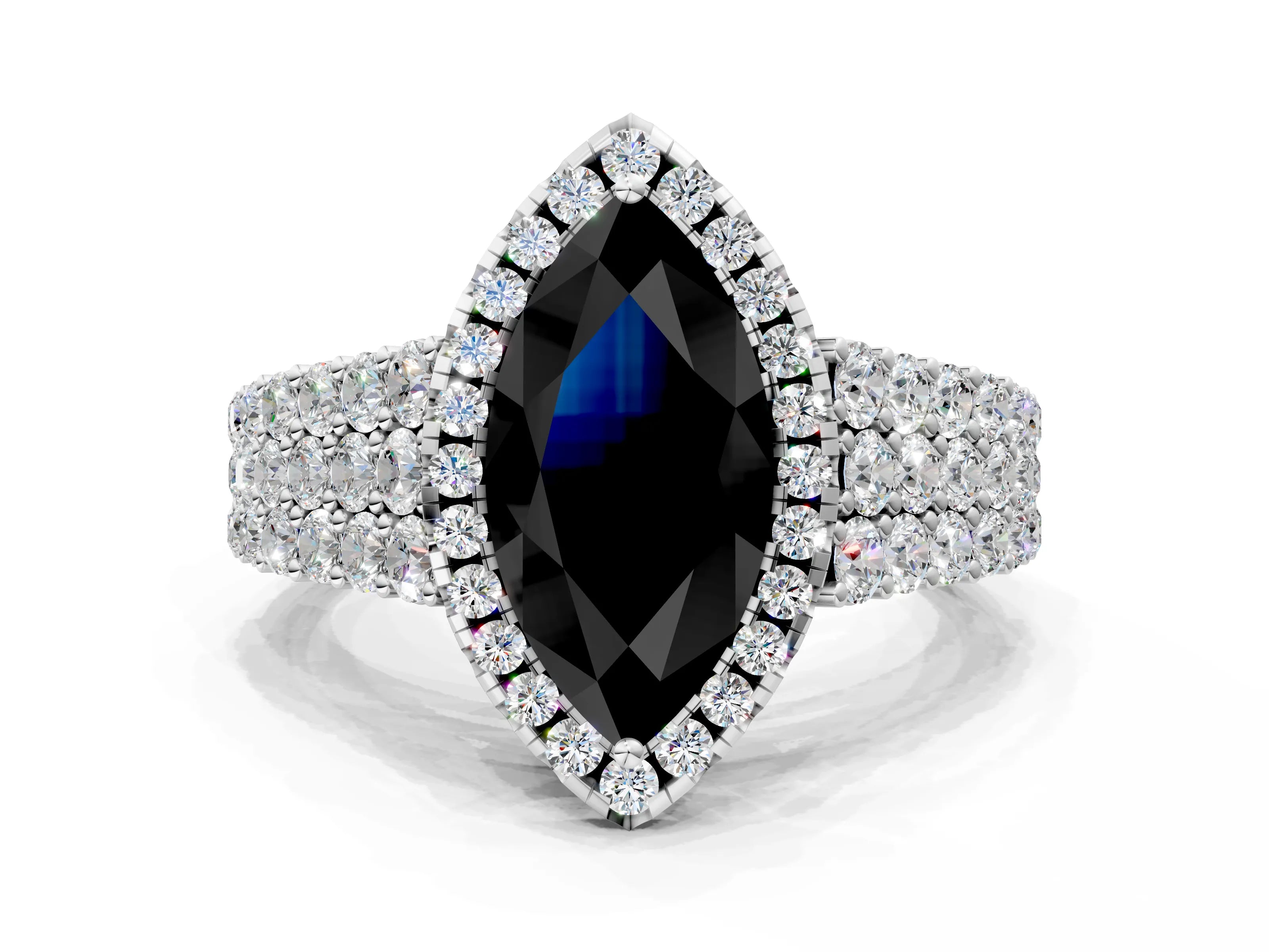 White gold Fancy Black Marquise Cut Halo Pavé Diamond Engagement Ring with Split Shank and Four-Prong Setting_3