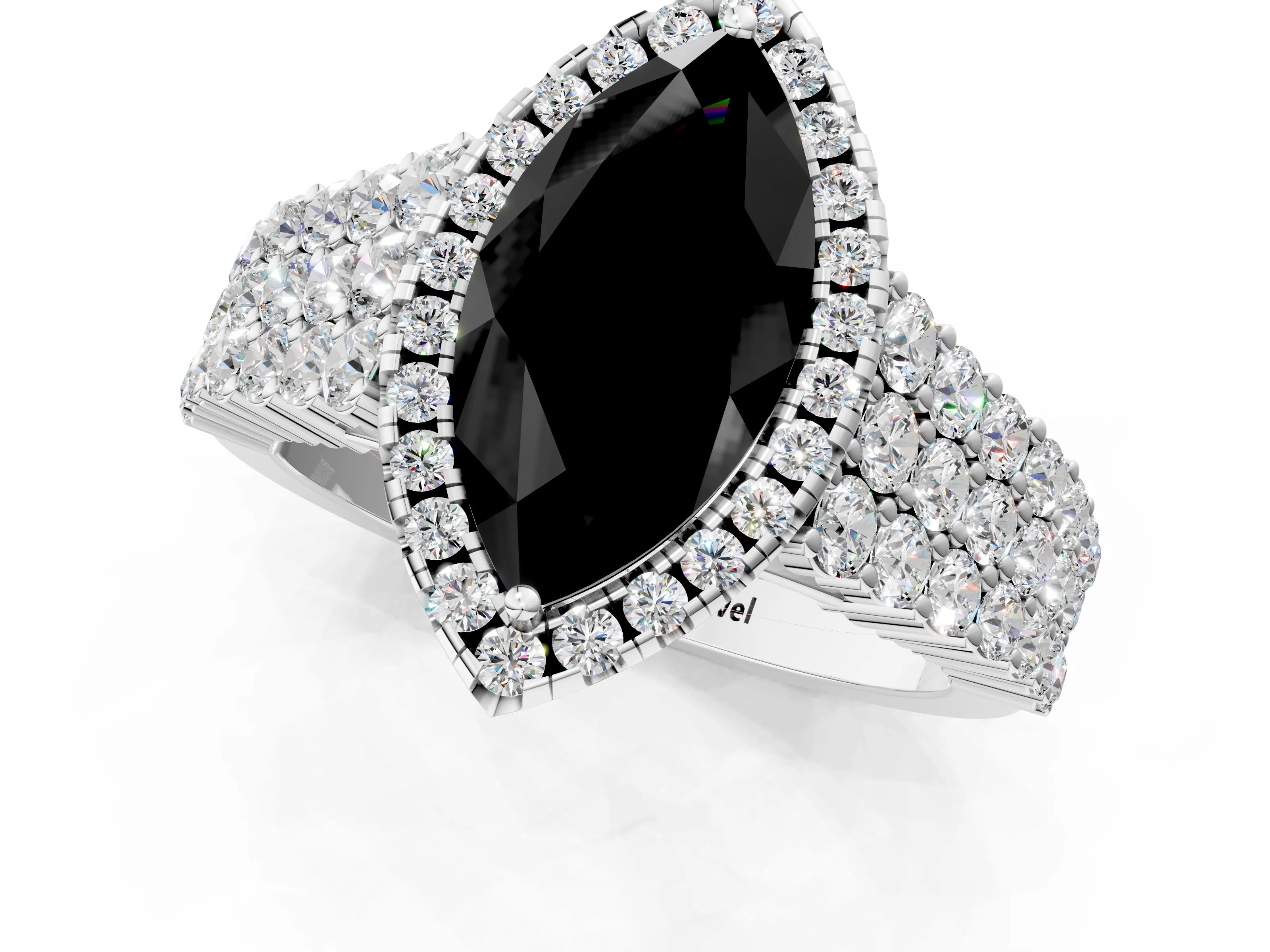 White gold Fancy Black Marquise Cut Halo Pavé Diamond Engagement Ring with Split Shank and Four-Prong Setting_4
