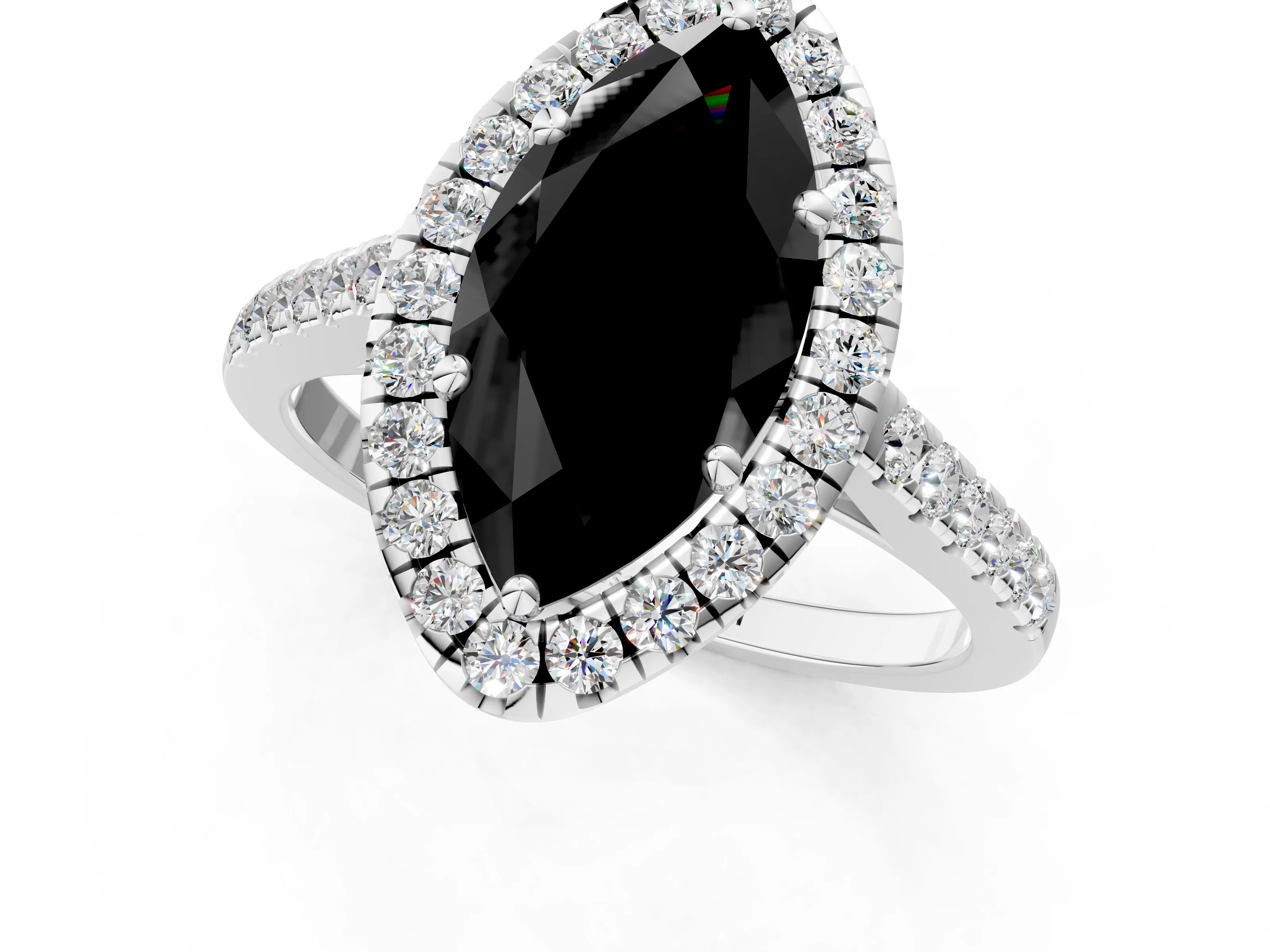 White gold Fancy Black Marquise Cut Halo Pave Diamond Engagement Ring with Four-Prong Setting_13